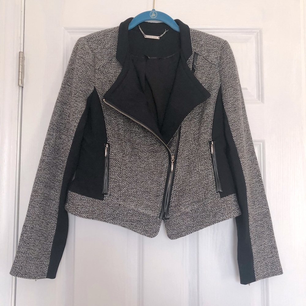 Textured Suit Moto Jacket with Faux Leather Accents